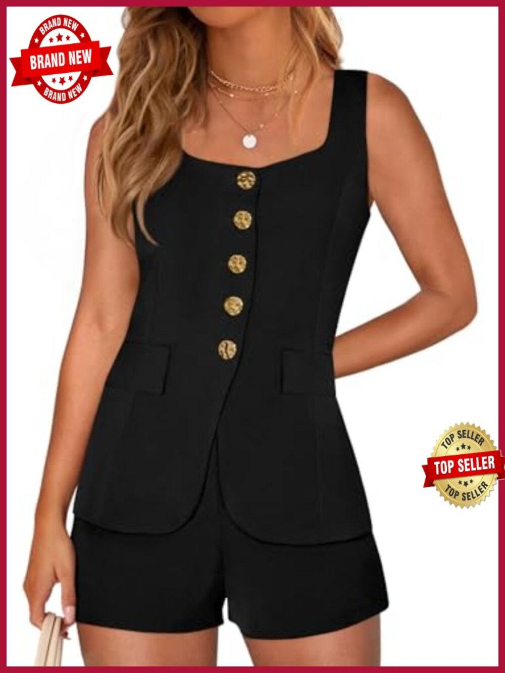 PRETTYGARDEN Two Piece Short Set Sleeveless Button Down Vest Top